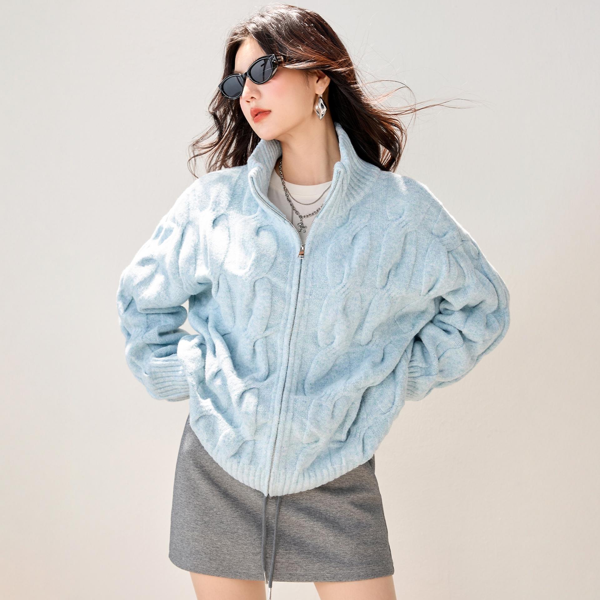 JOYIASS蓝色高领针织开衫毛衣外套女秋冬独特漂亮高级感慵懒宽松