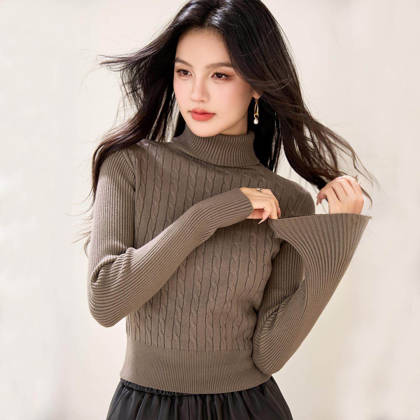JOYIASS杏色高领针织内搭打底衫女秋冬巨好看的独特绝美漂亮短款