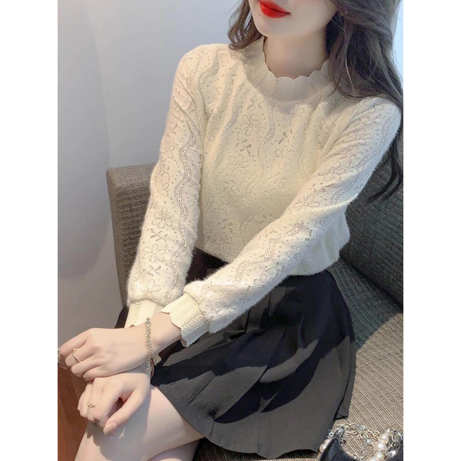 JOYIASS加绒加厚半高领蕾丝内搭打底衫女士秋冬巨好看的独特漂亮