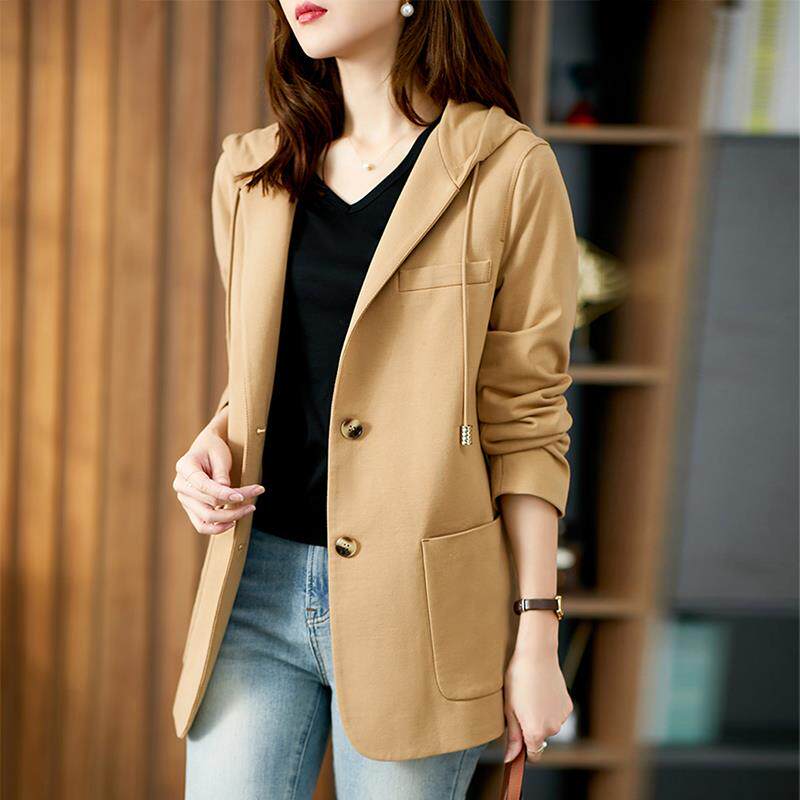 JOYIASS休闲连帽西装外套女士2025春秋新款大码胖mm遮肉爆款显瘦