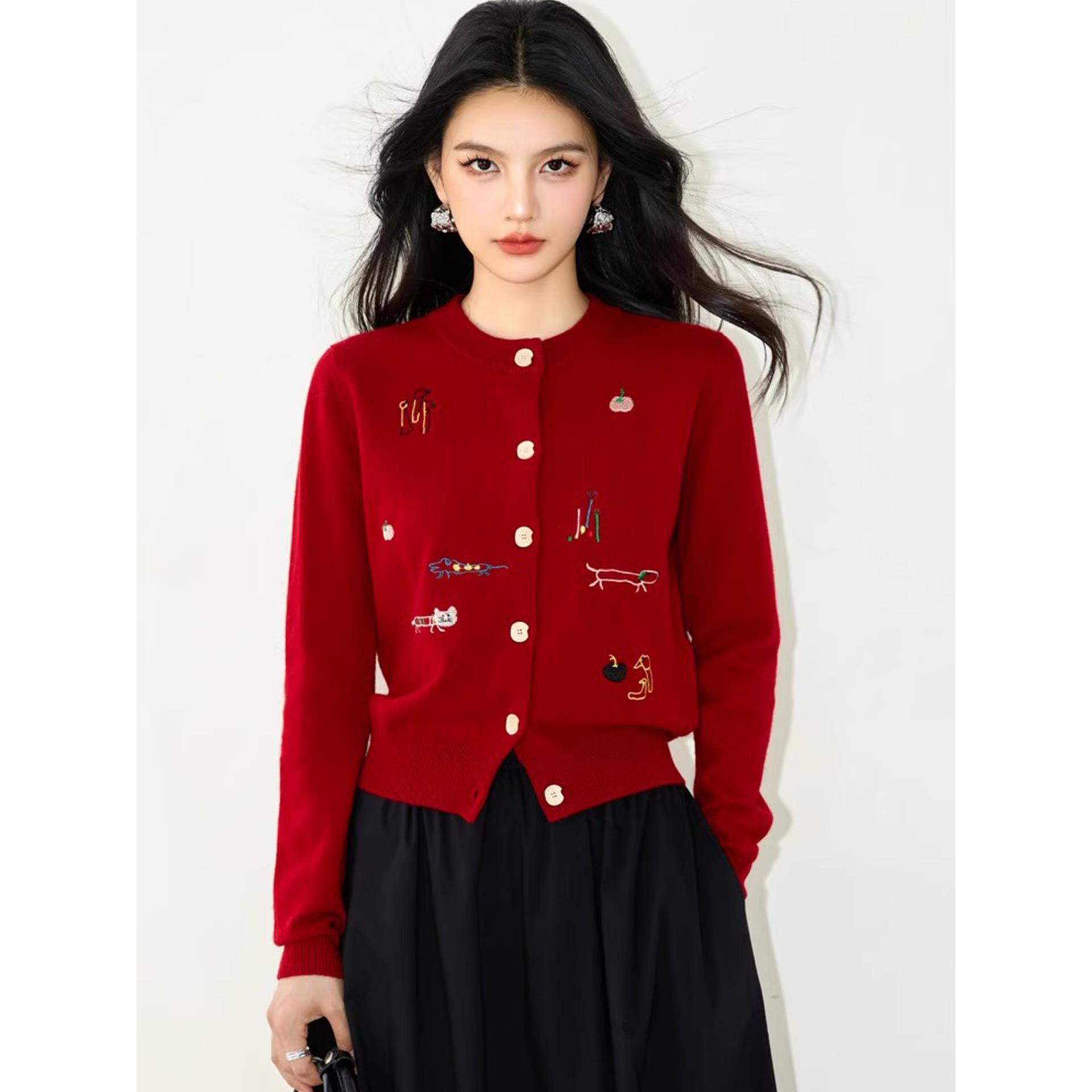 JOYIASS红色针织开衫毛衣外套女士早秋巨好看的独特漂亮洋气时尚