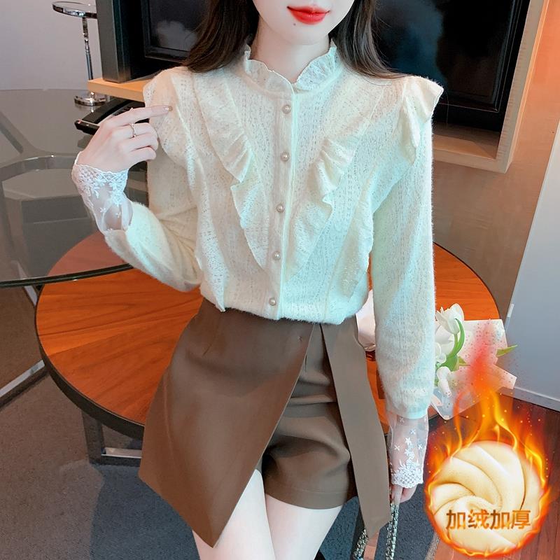 JOYIASS加绒加厚蕾丝衬衫女士秋冬巨好看的独特漂亮别致洋气内搭