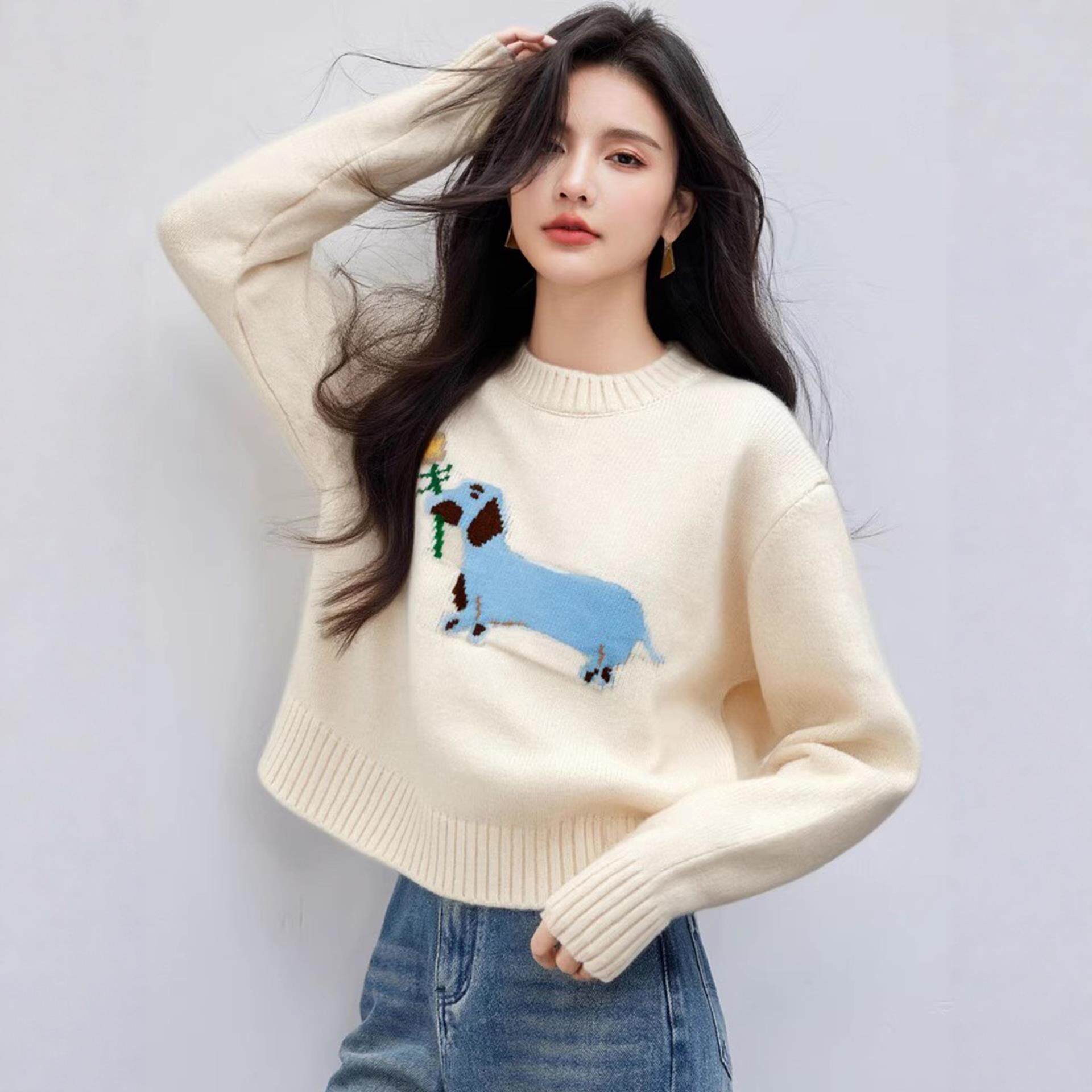 JOYIASS高级感慵懒白色圆领毛衣女士秋冬巨好看的独特漂亮短款针