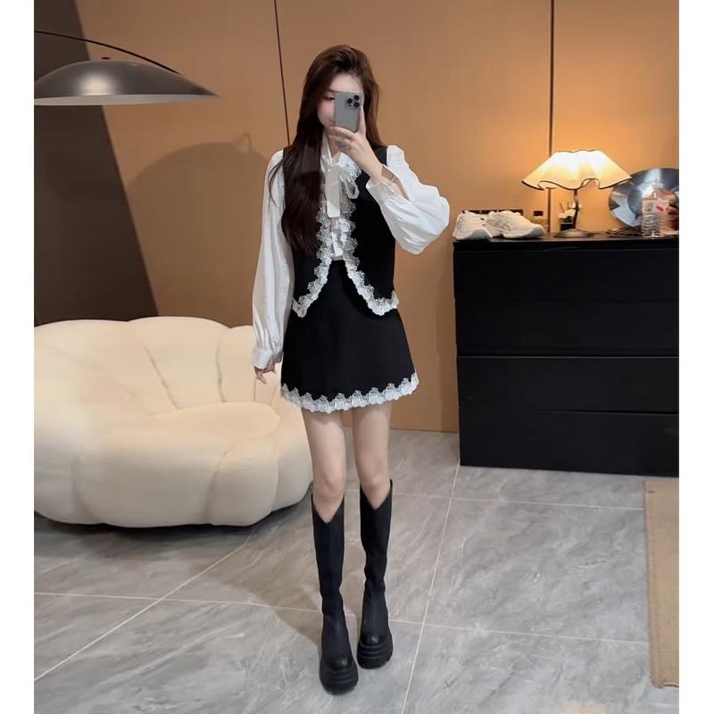 JOYIASS入秋穿搭一整套女2025新款小香风蝴蝶结衬衫马甲半身裙盐