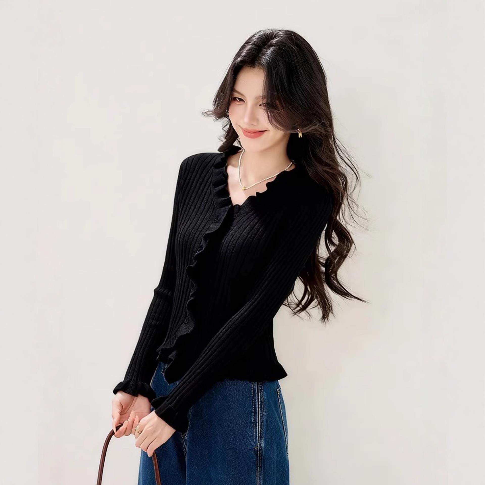 JOYIASS木耳边杏色针织开衫毛衣外套女秋冬巨好看的独特绝美漂亮