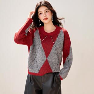 JOYIASS红色圆领针织毛衣女士秋冬巨好看的高级感独特漂亮内搭打