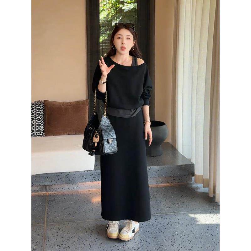 JOYIASS休闲时尚套装女秋季2025新款假两件拼接露肩衬衫高腰半身