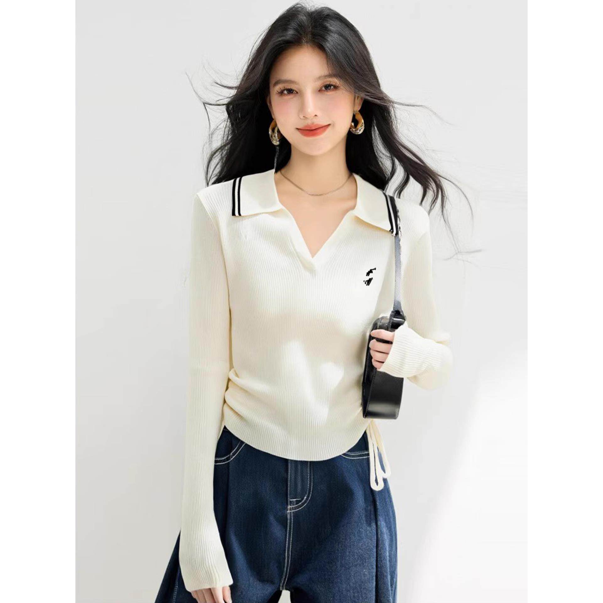 JOYIASS白色polo领内搭针织打底衫女士早秋巨好看的独特漂亮修身