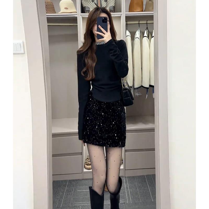 JOYIASS富家千金小洋装套装秋季新款法式重工烫钻半高领t恤+半身