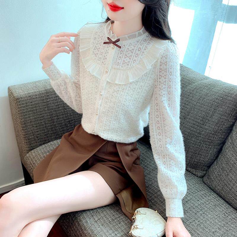 JOYIASS加绒加厚蕾丝衬衫女士秋冬巨好看的高级感独特漂亮内搭打