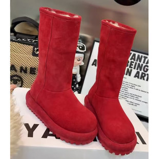 毛毛靴 两穿红色靴子新款 小个子复古厚底长筒雪地靴女2026冬季 新款