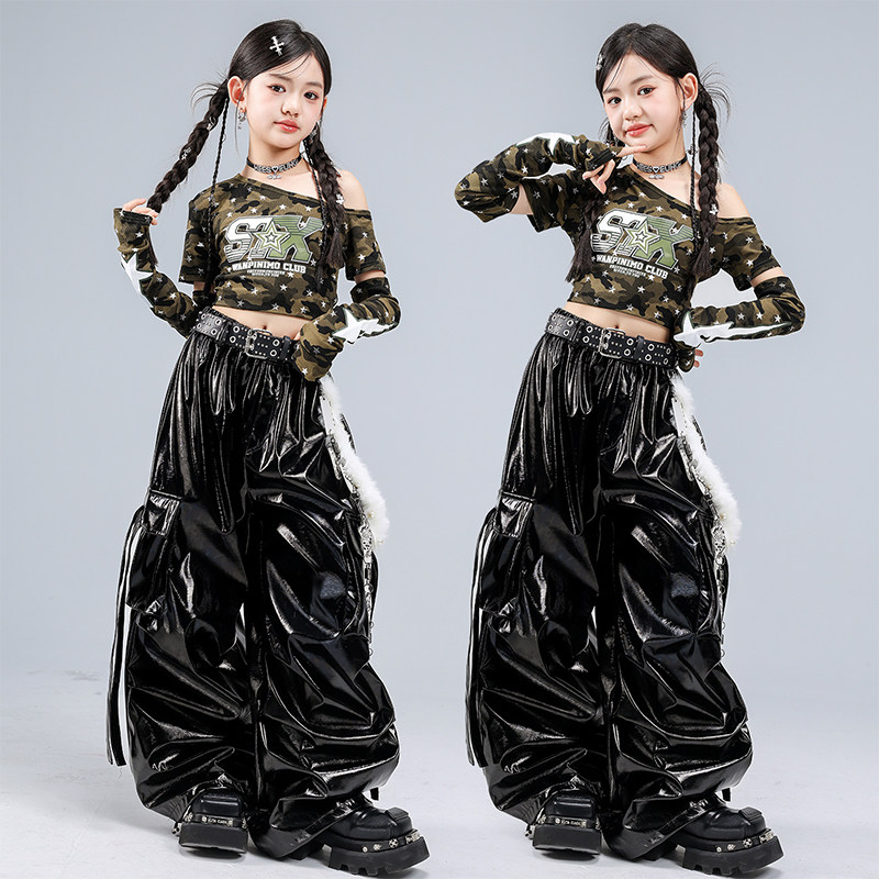 新款女童迷彩嘻哈街舞露脐演出服