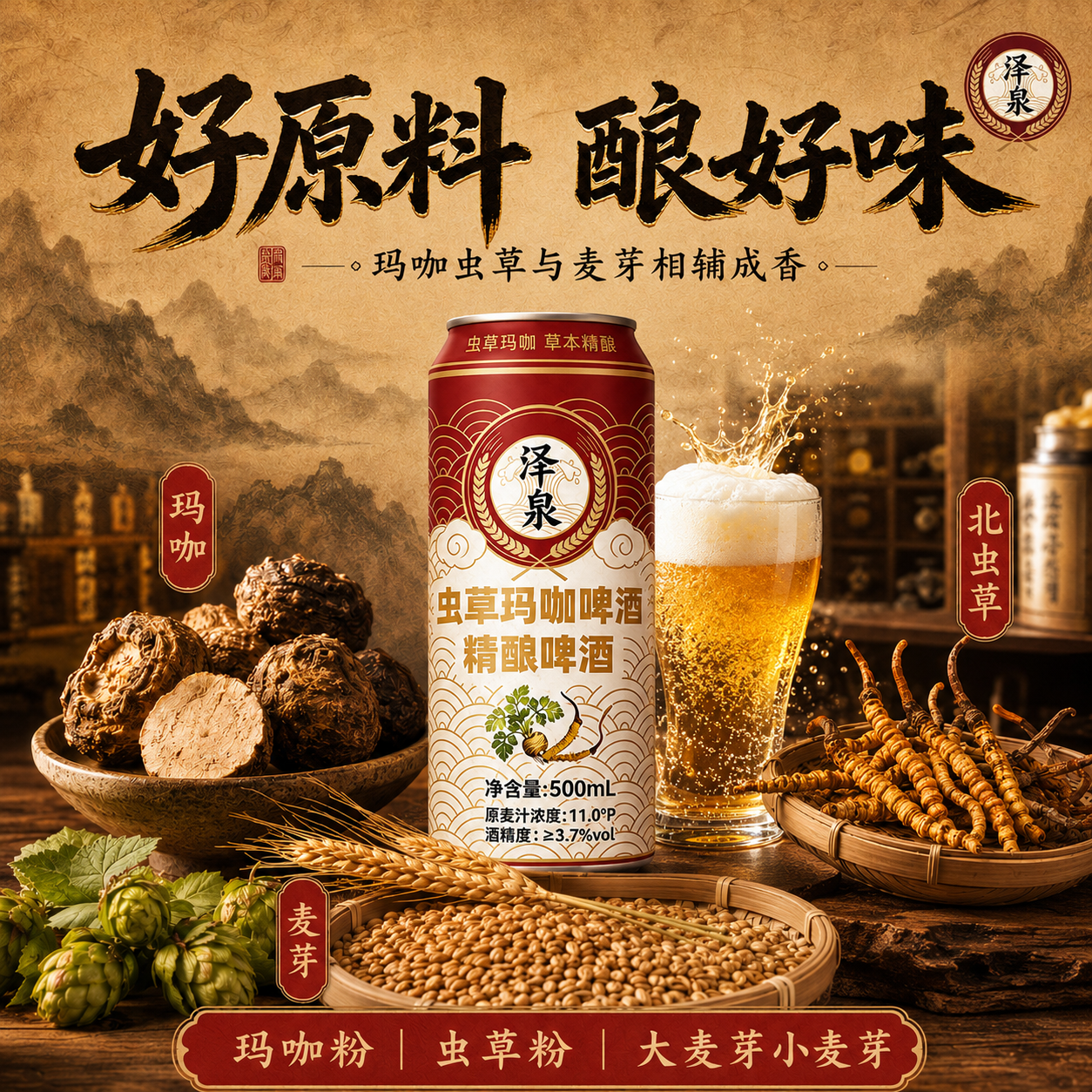 高端中式泽泉虫草玛咖啤酒12罐