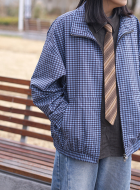 格纹复古立领翻领短夹克休闲美式日系cleanfit拉链外套