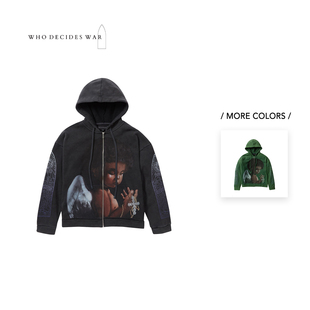 25FW WAR 高街复古恶魔天使人像拉链连帽卫衣 DECIDES WHO