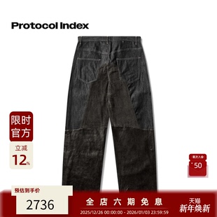 牛仔裤 protocol 街头复古做旧皮革拼接阔腿工装 25FW index