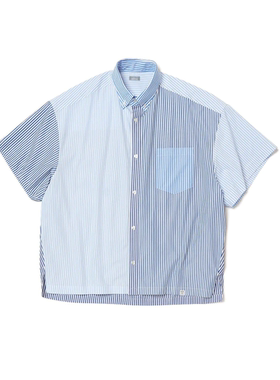 KOLOR 阿部润一夏季男士日系浅蓝色拼接拼布设计牛津短袖衬衫衬衣