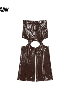 【奢华街头】AVAVAV 复古休闲栗棕色小众设计假两件仿皮裙裤