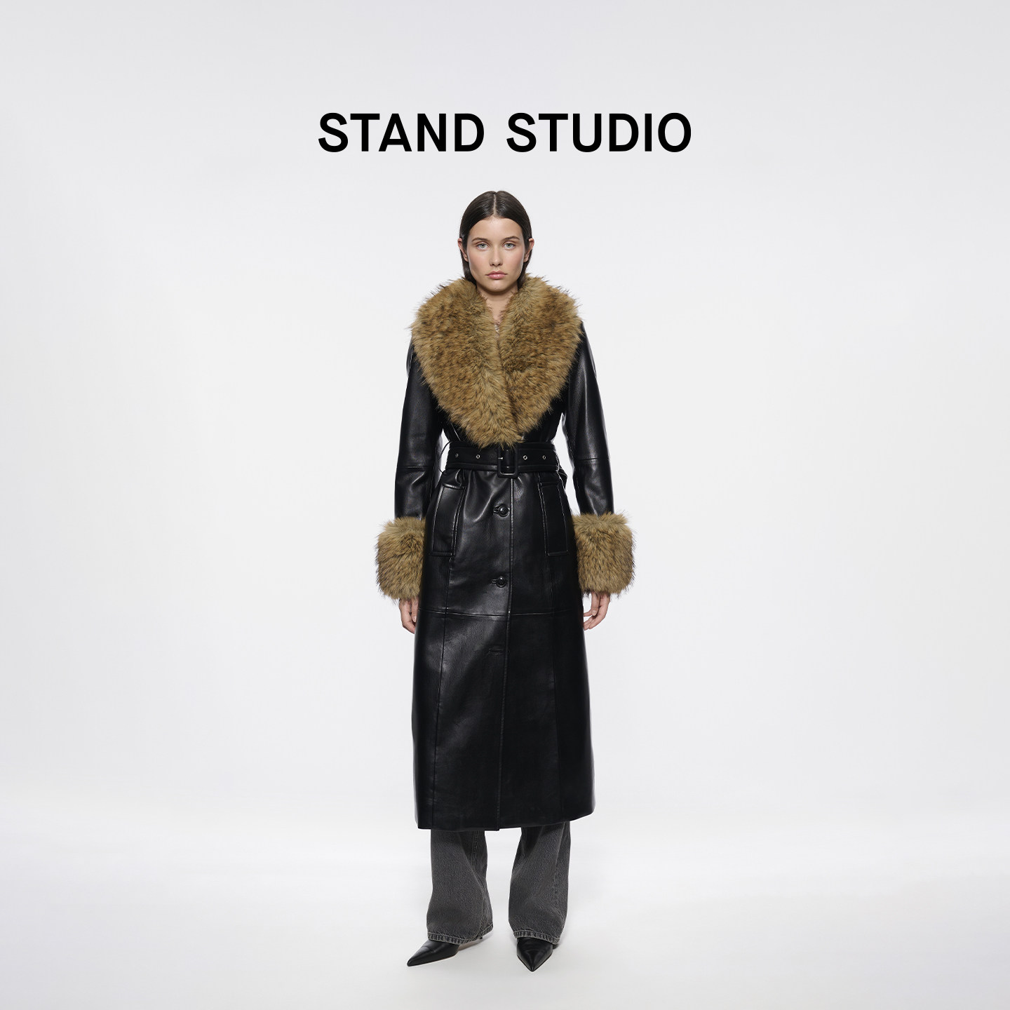 STANDSTUDIO毛领纹理仿皮大衣