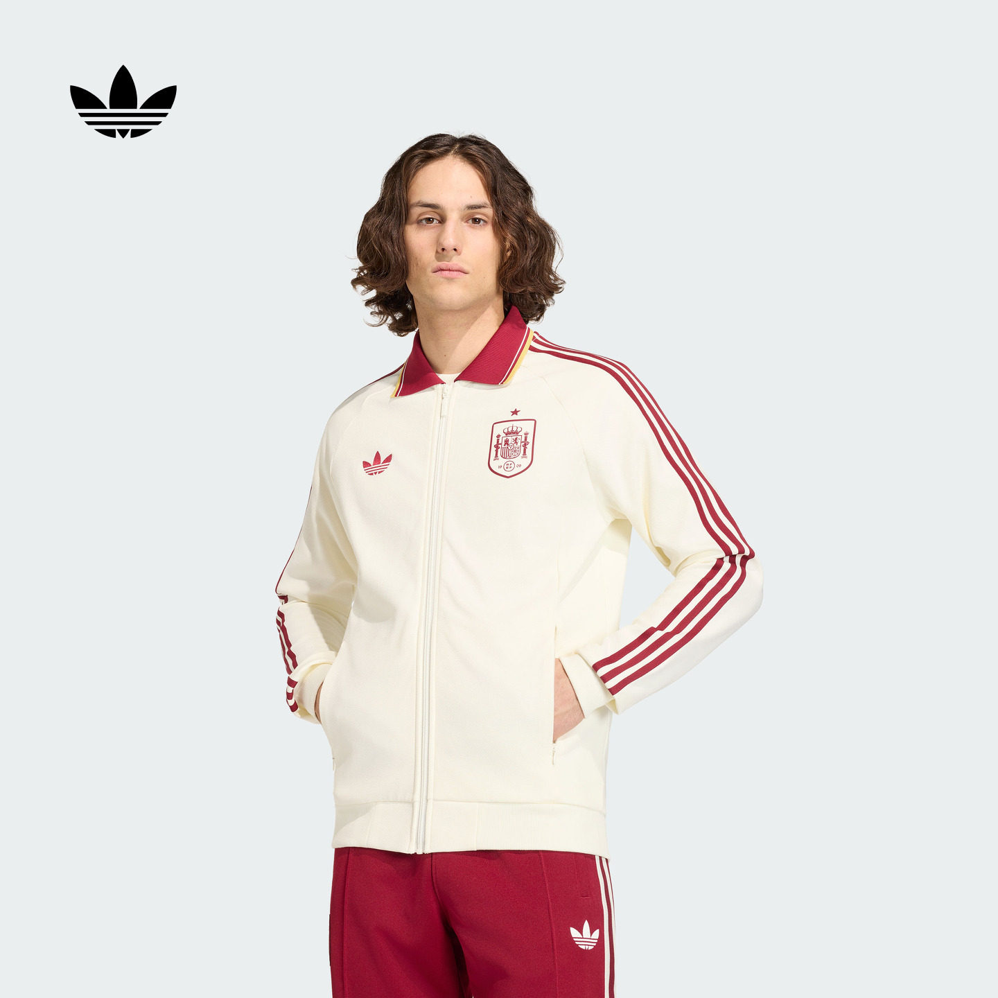 西班牙队客场复古足球休闲文化夹克外套男装adidas阿迪达斯