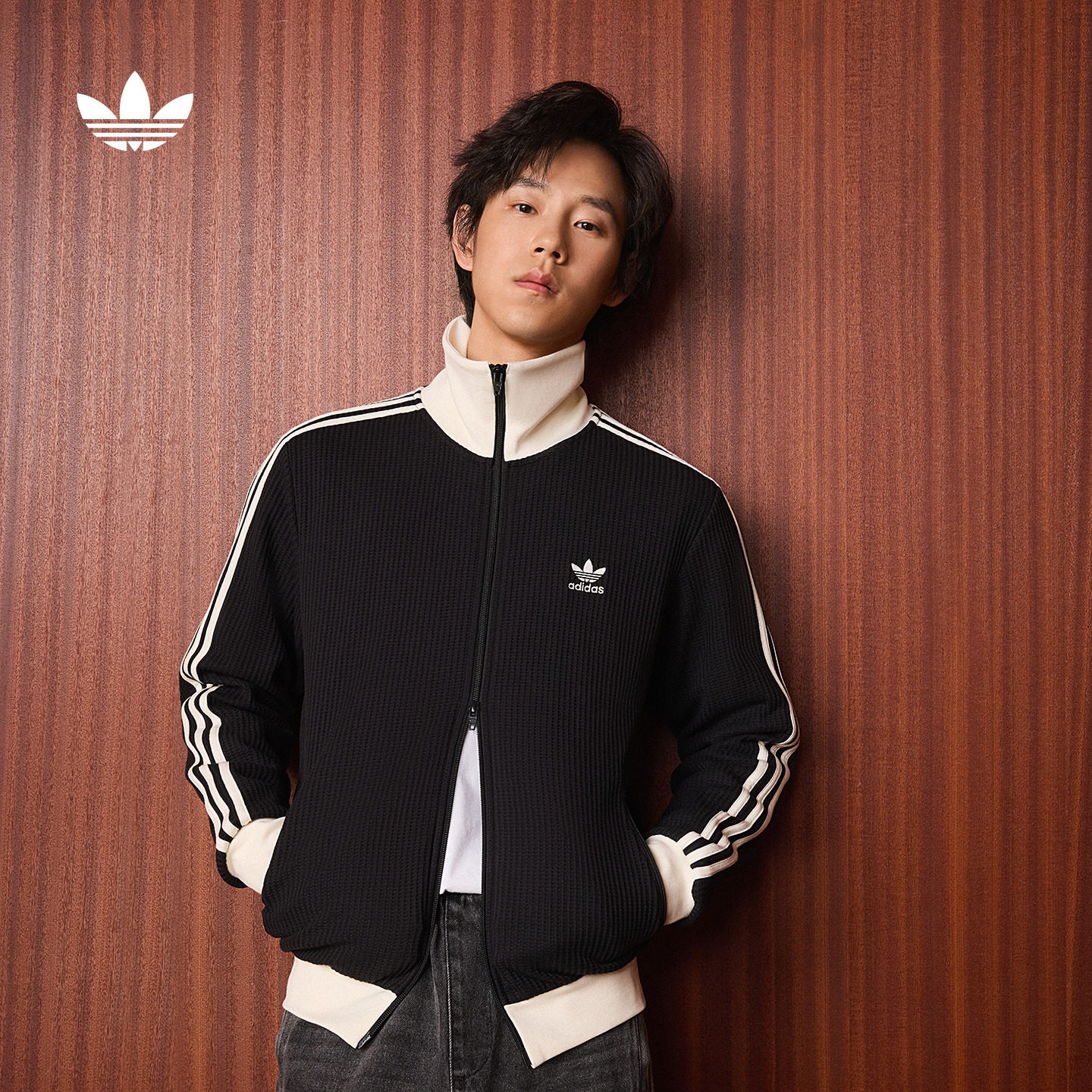 明星同款复古华夫格夹克薄外套卫衣男女秋季adidas阿迪达斯三叶草