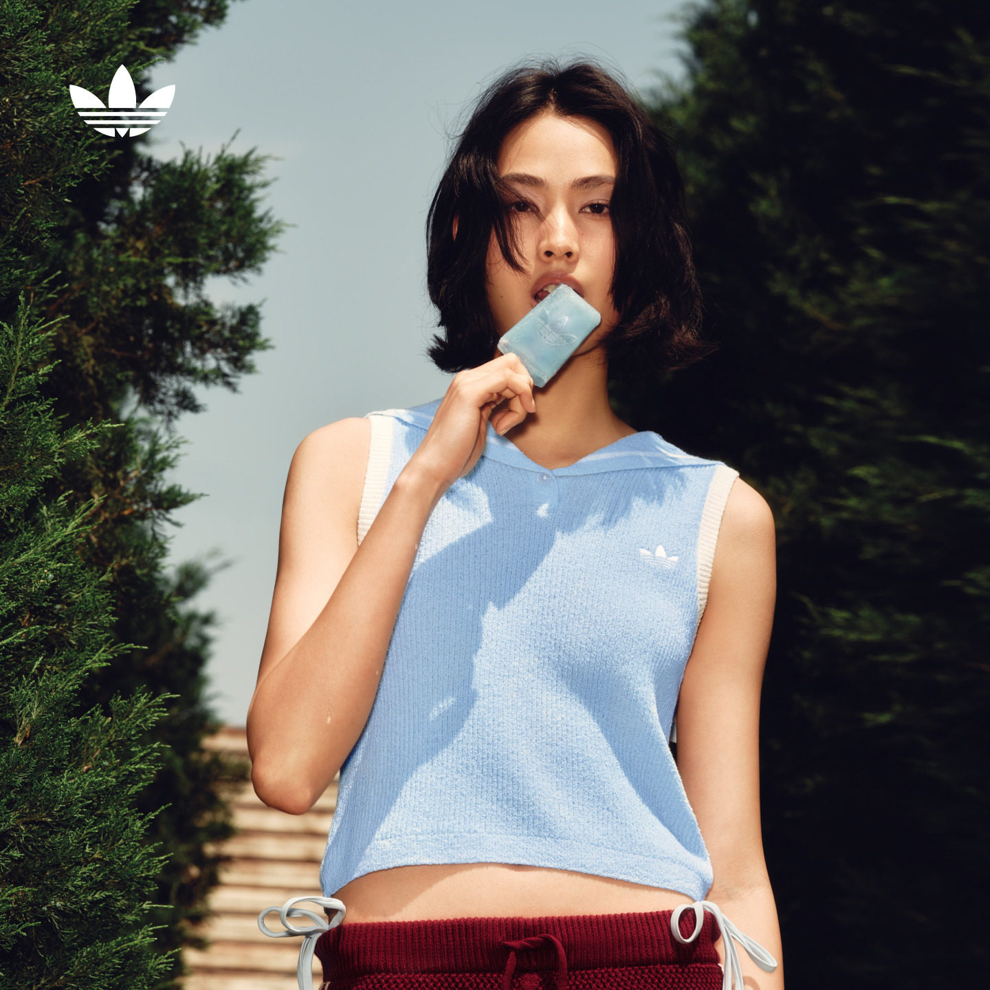南法假日度假风针织无袖POLO衫女adidas Originals阿迪达斯三叶草