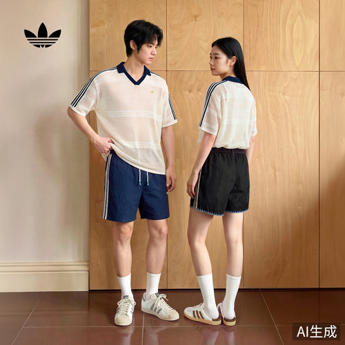 南法假日度假风镂空针织短袖POLO衫男女夏季adidas阿迪达斯三叶草