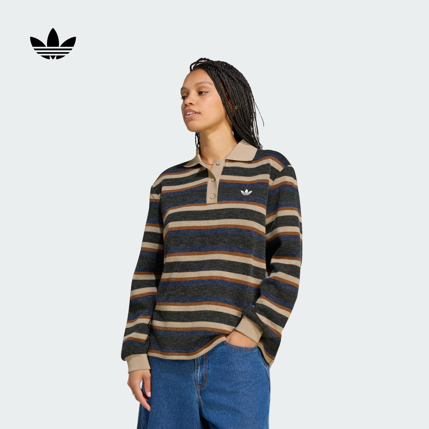 复古学院风宽松条纹针织长袖POLO衫女秋冬adidas阿迪达斯三叶草