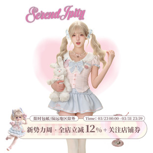 送蝴蝶结 少女椰子 水手领短袖 海盐甜心 蓝色短裙 学院系