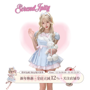 白色泡泡短裤 少女椰子 蓝色连衣裙送蝴蝶结 月光洛可可 千金系