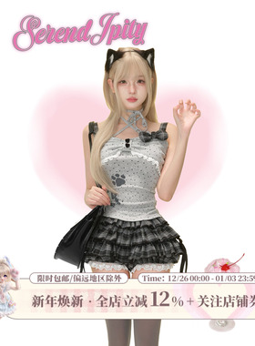 少女椰子【宅萌系】鱼骨喵喵 夏季灰色波点吊带+深灰格纹蛋糕裙女