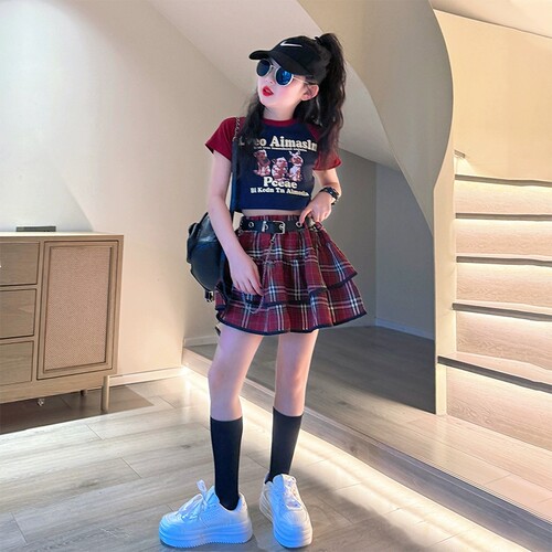 女童短袖T恤短裙新款女孩时髦洋气上衣大童网红炸街半袖韩系童装