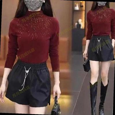 半高领长袖打底衫女秋冬2025新款枣红色上衣高级感烫钻修身打底衣