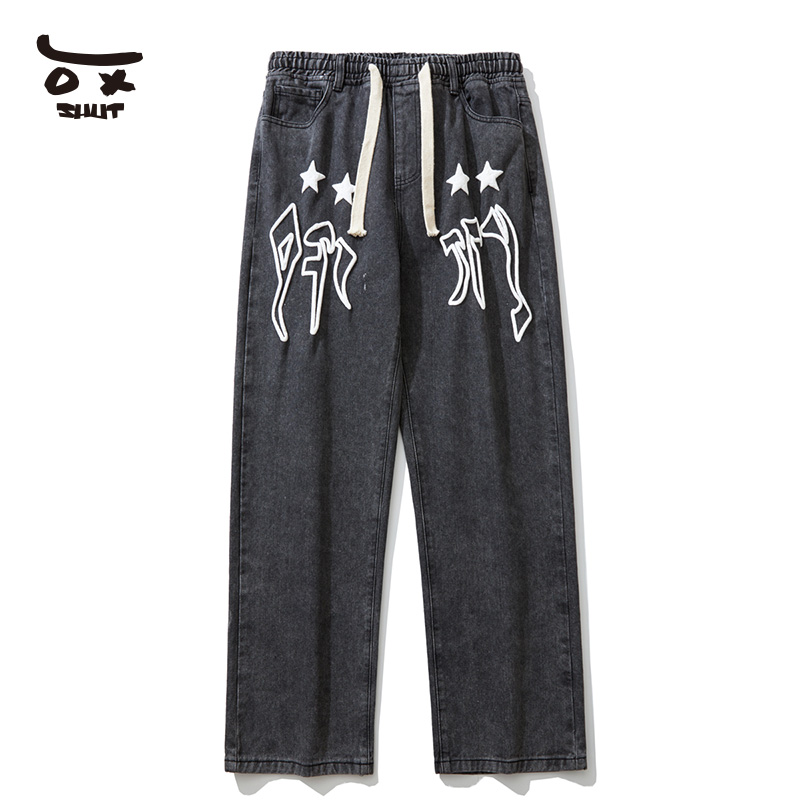SHUT气泡符文字母星星裤子春秋季潮牌宽松休闲牛仔长裤男女情侣款