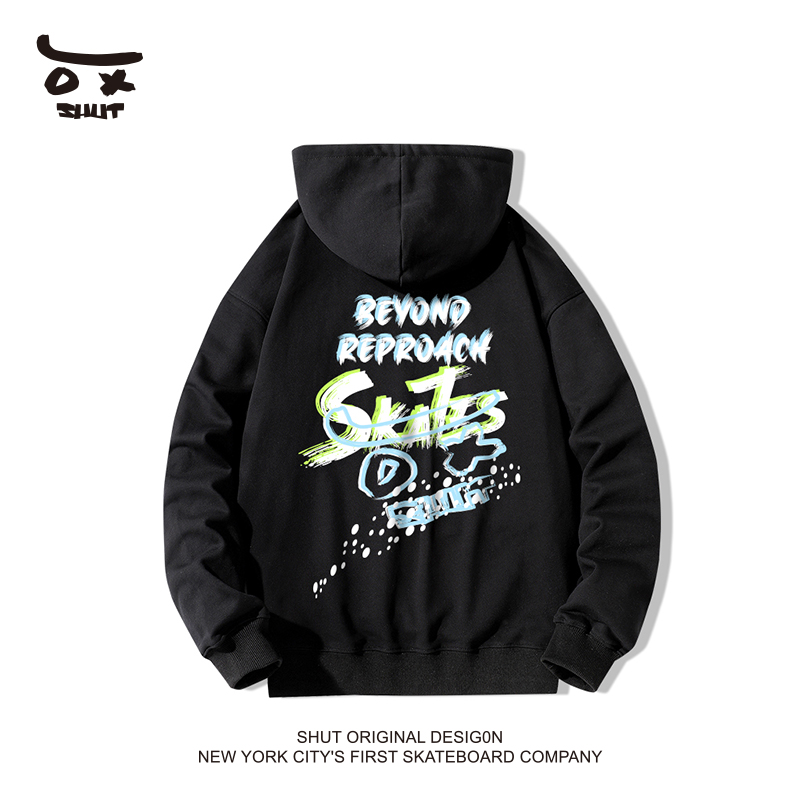 shut虚拟现实logo印花帽衫秋冬季加绒加厚潮牌连帽卫衣男女情侣款