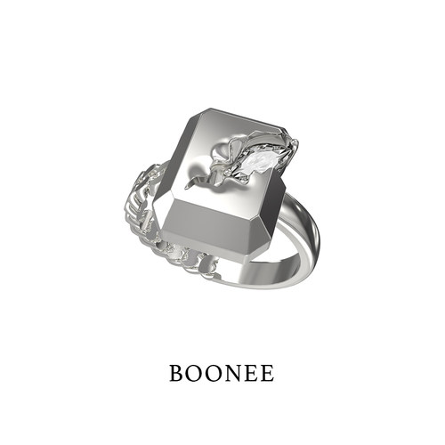 BOONEE裂纹镶钻方块链条戒指