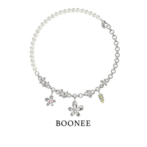 BOONEE珍珠拼接彩锆花朵项链