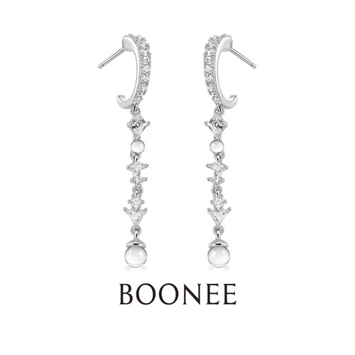 BOONEE碎钻锆石透明珠流苏耳环