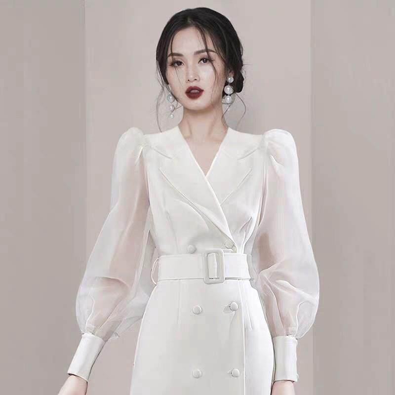 BLLOUKE高级感职业西装连衣裙2025秋季新款女装修身显瘦泡泡袖双