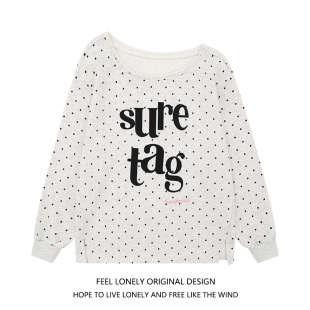 Feel T恤女早秋宽松上衣 lonely复古斜肩辣妹创意波点字母印花长袖