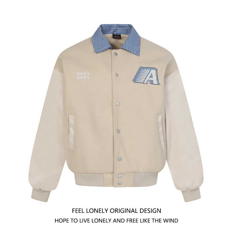 格纹拼接A字毛巾绣棒球服外套