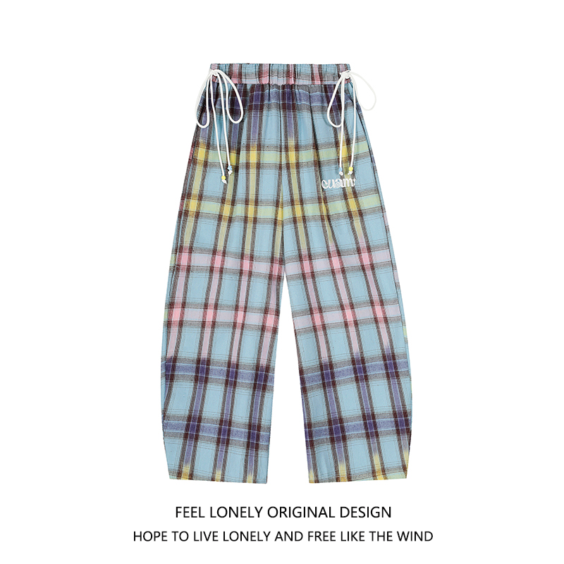美式复古彩色渐变格子显瘦阔腿裤