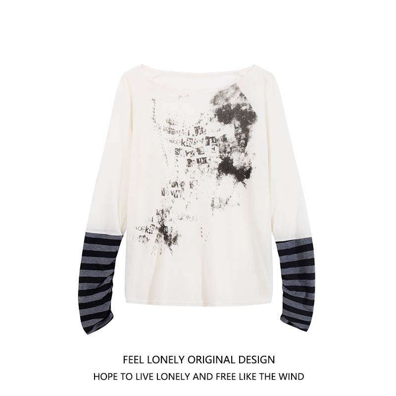 亚文化y2k涂鸦条纹拼接长袖T恤