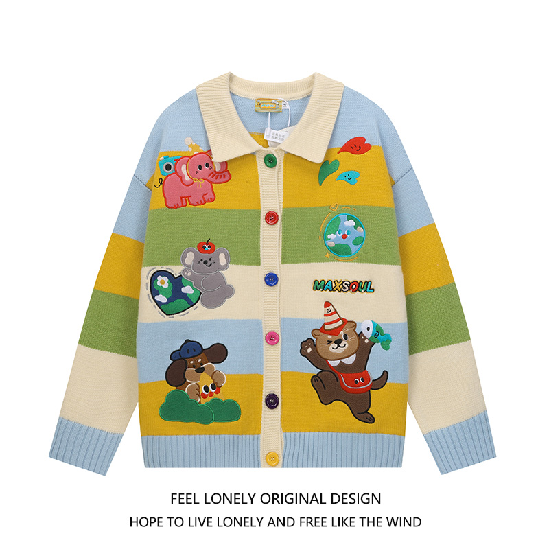 日系趣味卡通刺绣彩色针织开衫