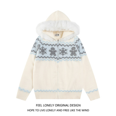费尔岛小雪人连帽针织外套