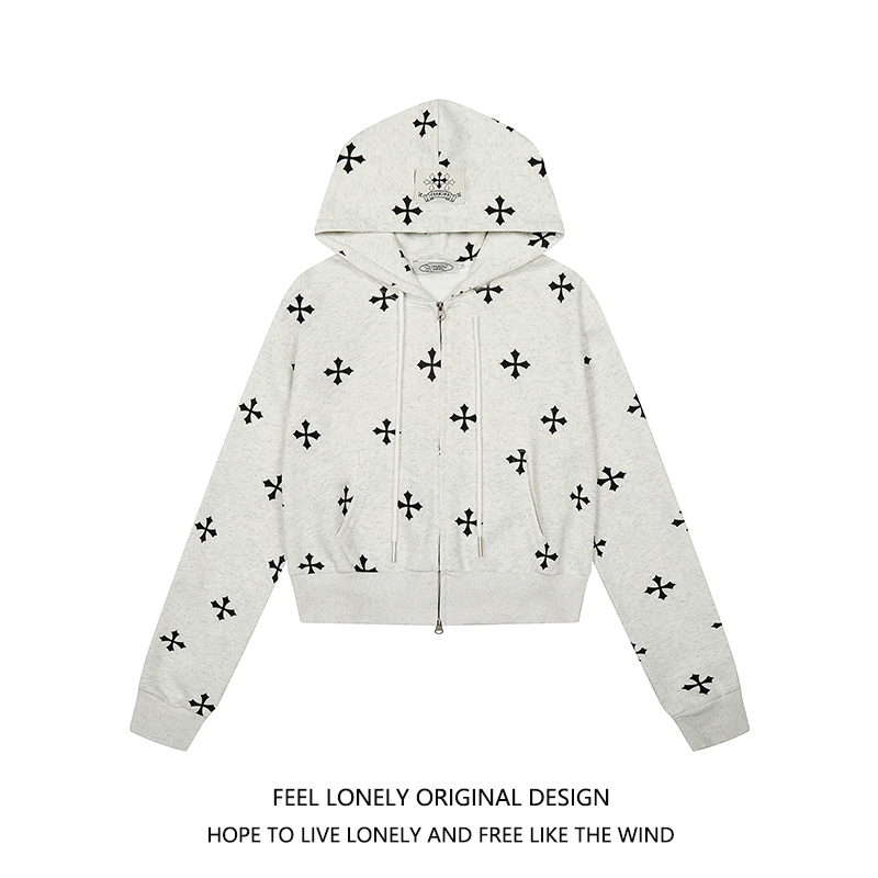 满印十字架连帽卫衣短款外套