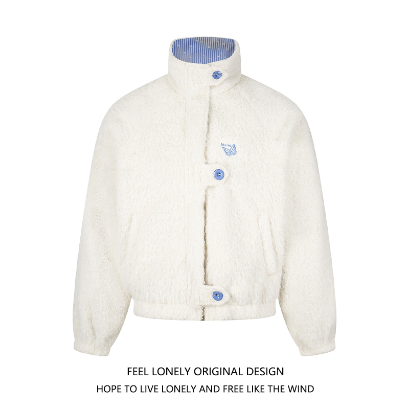 双面穿条纹波点立领羊羔毛棉衣