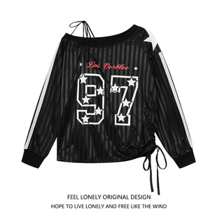 T恤女早秋宽松显瘦上衣 Feel lonely 美式 复古斜肩运动风球衣长袖