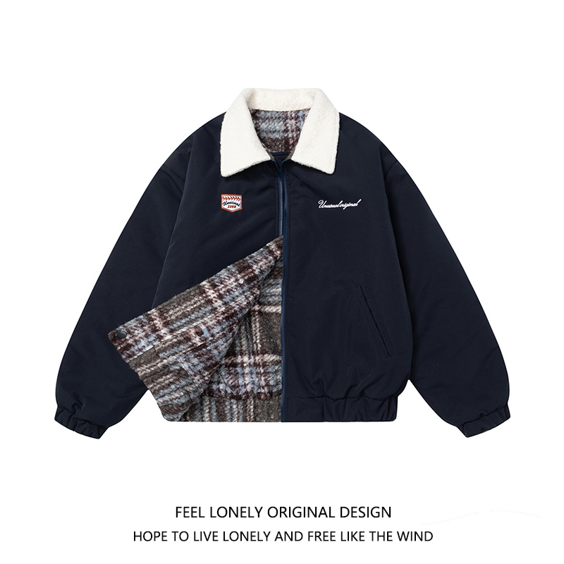 美式复古羊羔毛双面穿格纹棉服