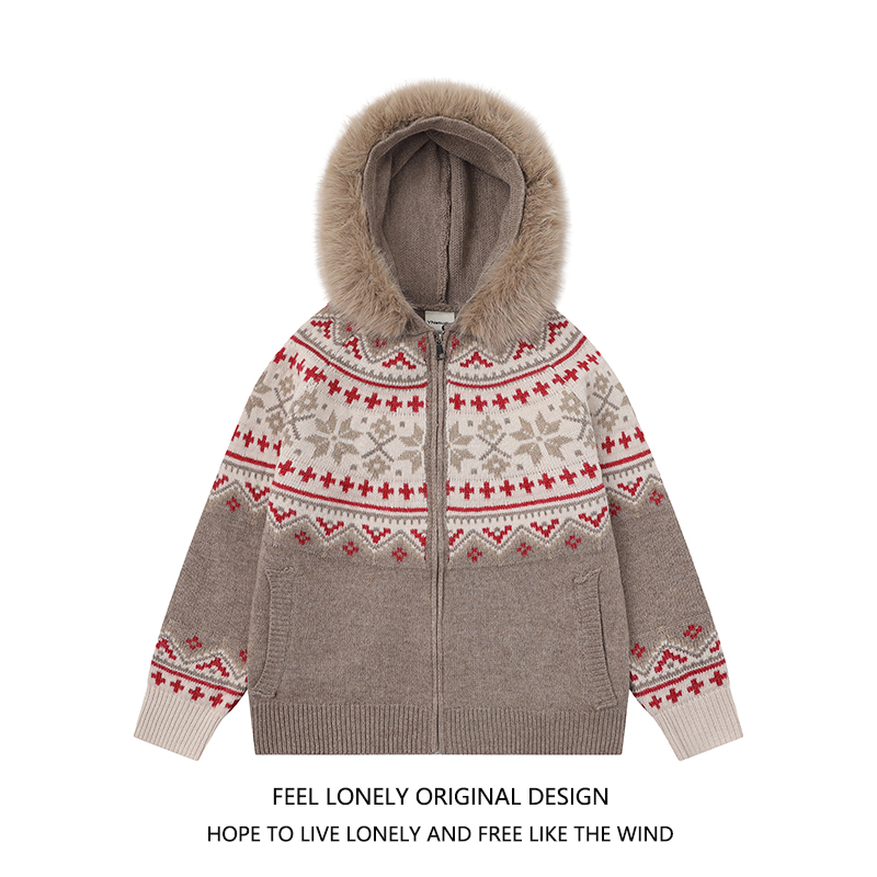 复古费尔岛提花连帽毛衣外套